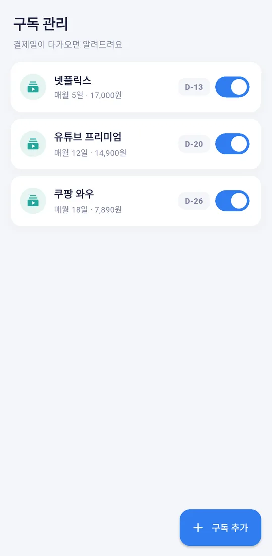 넷플릭스, 유튜브 프리미엄 등 구독 목록